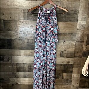 Antibes Blanc Sleeveless Navy & Teal Maxi Dress with Tassel Tie Neck Medium